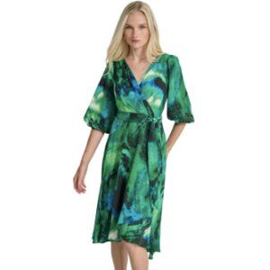 Dkny Women's Abstract Tulip Hem Wrap MIDI-Dress - Black Green - Size 12